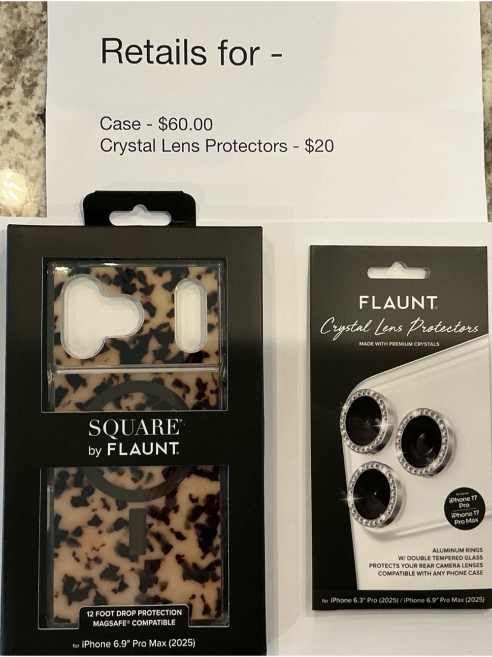Flaunt Square Leopard Print Phone Case & Crystal Lens Protectors - Beige/Black